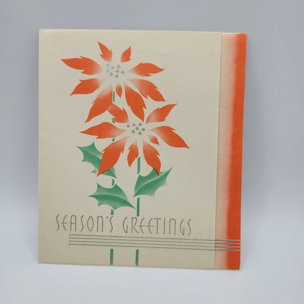 Vintage 1940s Seasons Greetings Christmas Card Poinsettia Art Deco Signed